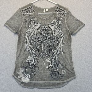 Y2K Winged Cross Rhinestone Top Gray Burnout Tee Size S